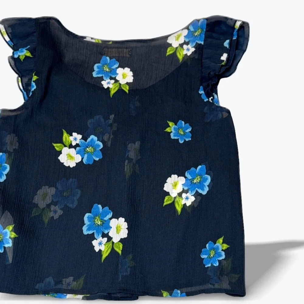 Hollister Navy‎ Blue Floral Ruffle Sleeve Sheer Blouse Womens  Medium - Picture 2 of 5